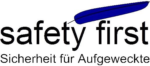 Logo Safety First Logo von "Safety First" mit Slogan "Sicherheit für Aufgeweckte" und einer blauen Feder.