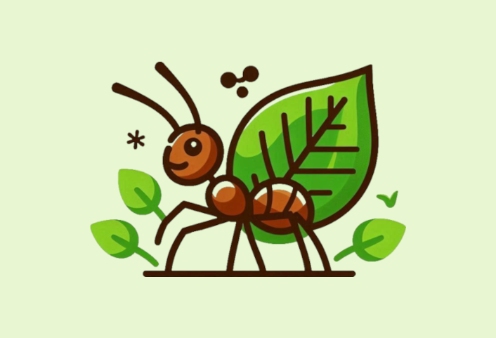 Logo die Wilden Ameisen Eine cartoonartige Ameise mit einem Blatt auf einem hellgrünen Hintergrund.