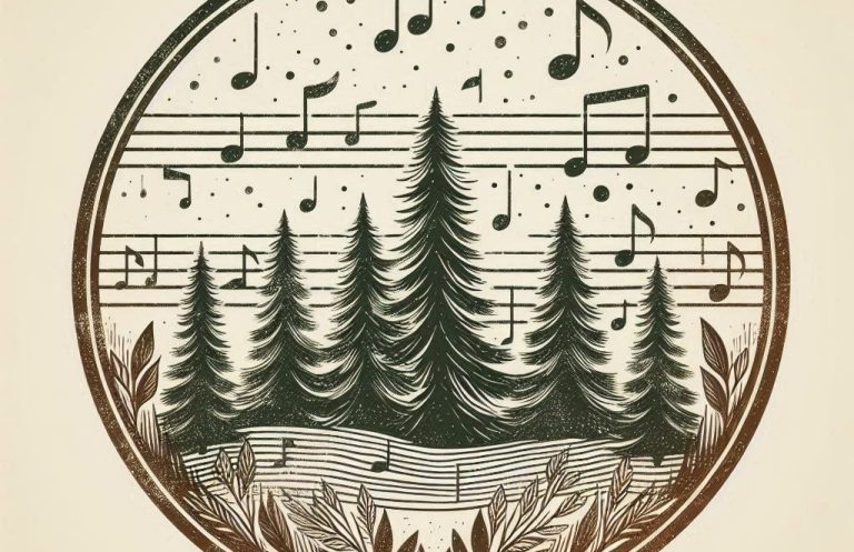 Naturmusik Kiefernbäume umgeben von Noten in einem runden, kunstvollen Design.