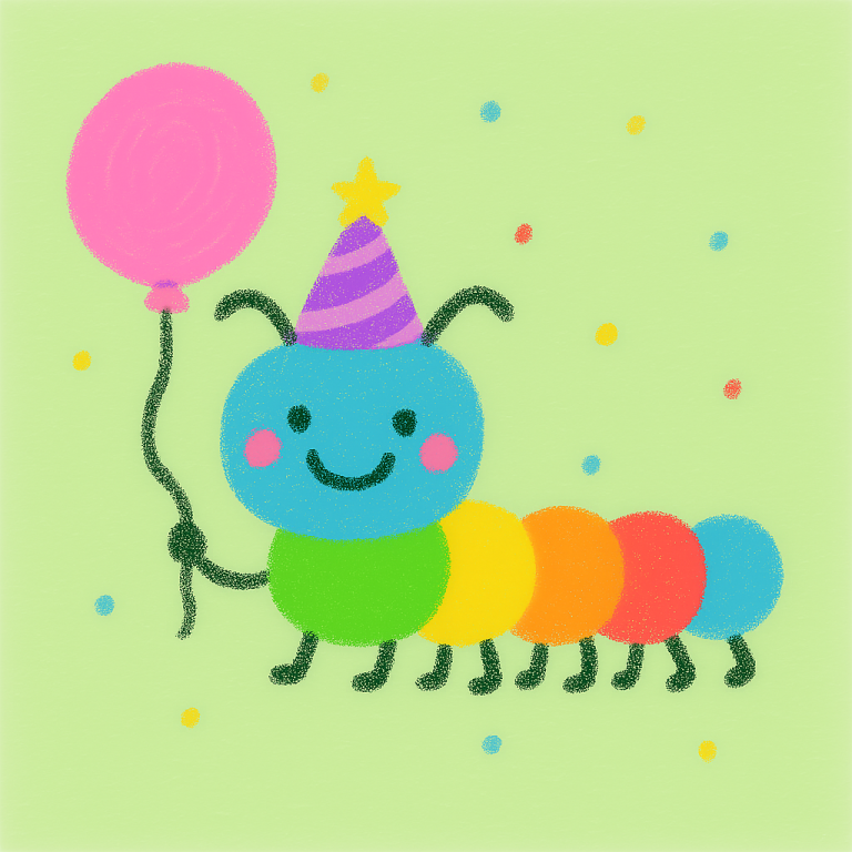 Eine fröhliche, bunte Raupe mit einem Ballon und einer Partyhupe.