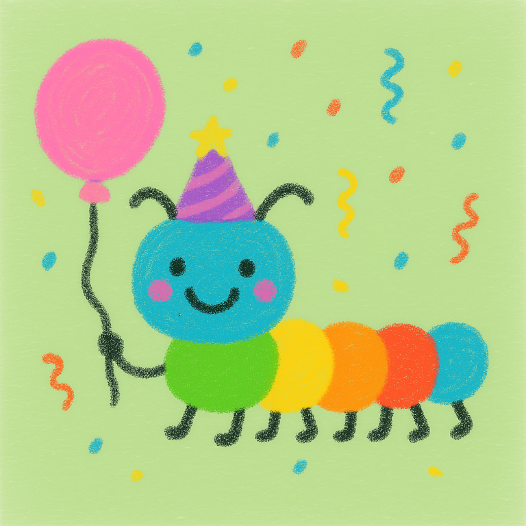 Eine fröhliche, bunte Raupe mit einem Ballon und einer Partyhupe.